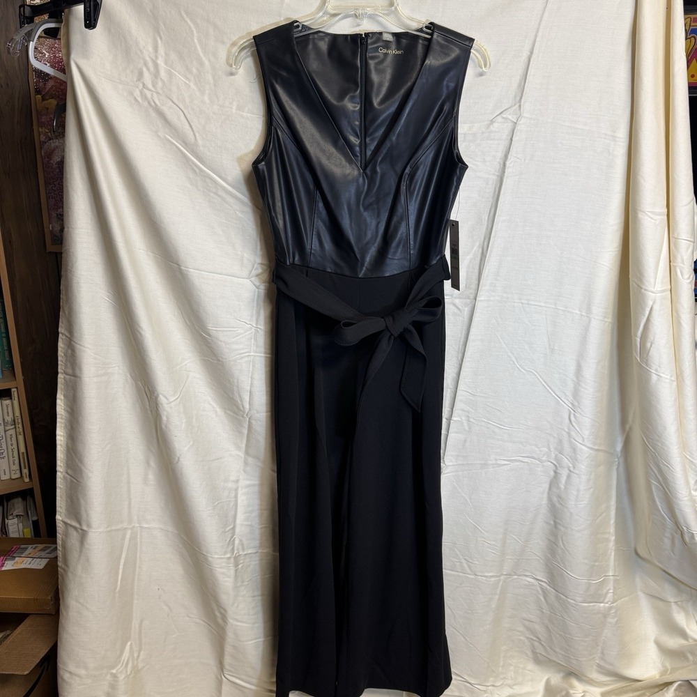 Calvin Klein Faux Leather V-Neck Wide Leg Jumpsuit Black Size 8 NET